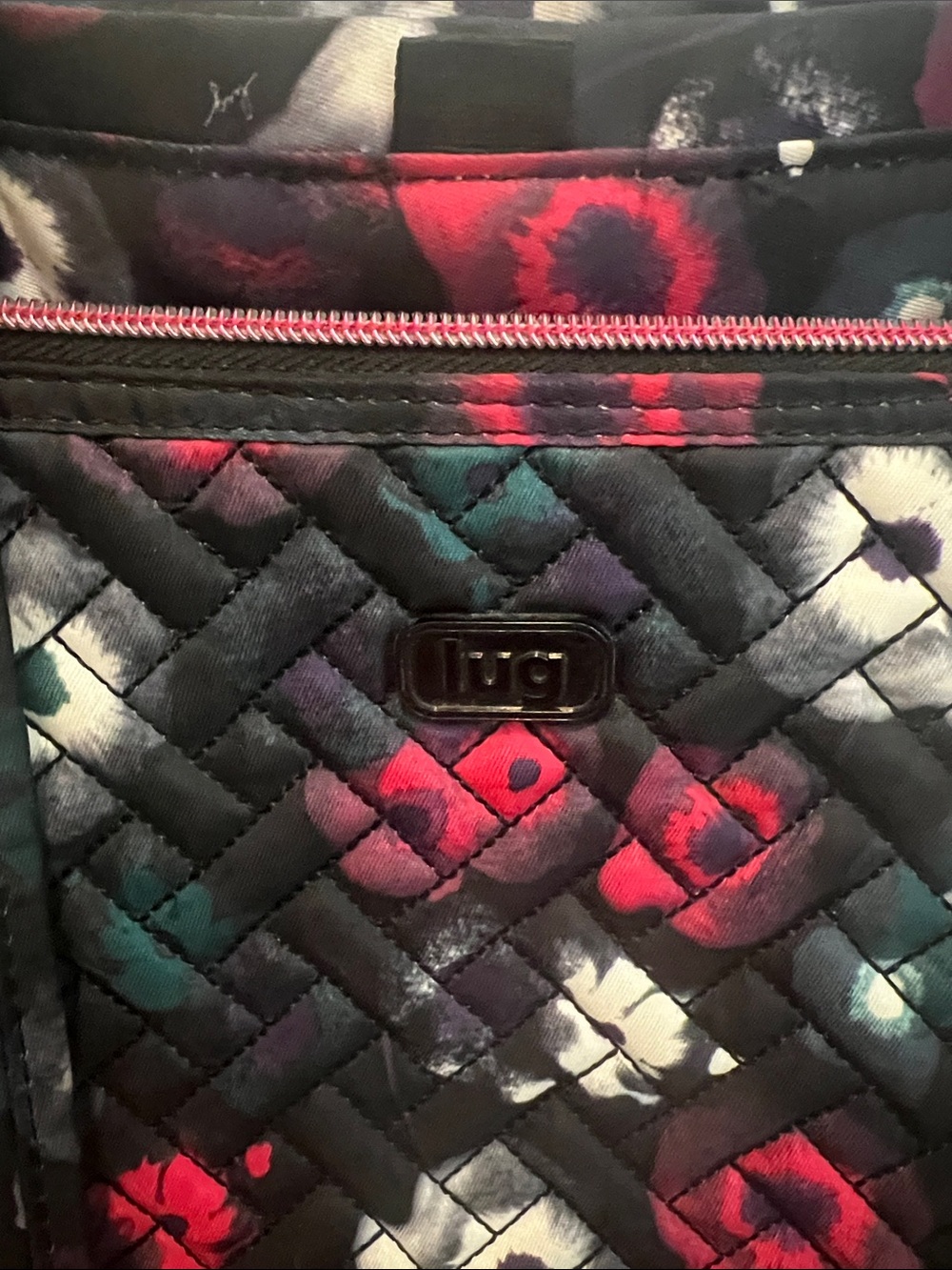 Lug Quilted Watercolor Floral Pattern Tote in Black, Pink, white and some blue - Picture 2 of 8